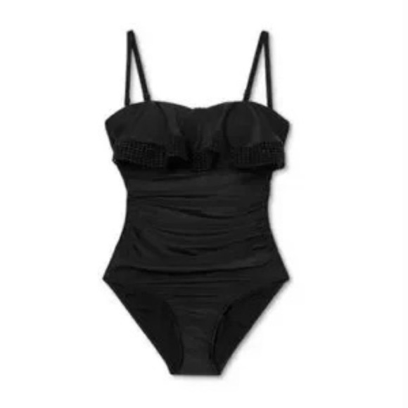 NWT Kona Sol Women's Crochet Flounce Bandeau One Piece Swimsuit Black Size M - Picture 6 of 12